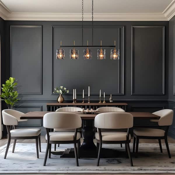 Echonalyri Modern 5-Light Glam 35.4 in. W Black and Brass Island Chandelier with Geometric Gray Textured Glass Shades