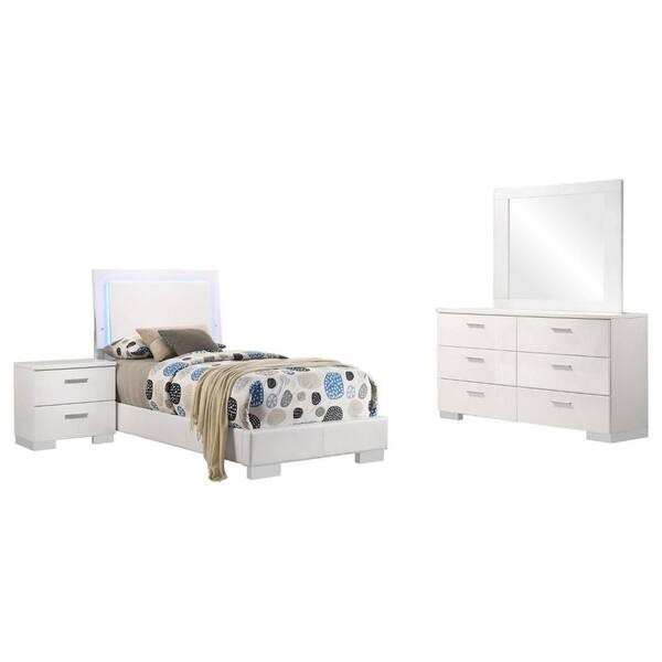 Benjara Sok 4-Piece White and Chrome Twin Wood Bedroom Set