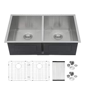 33 in. Undermount 50/50 Double Bowl 18-Gauge Brushed Nickel Stainless Steel Kitchen Sink with Bottom Grid & Roll Up Rack