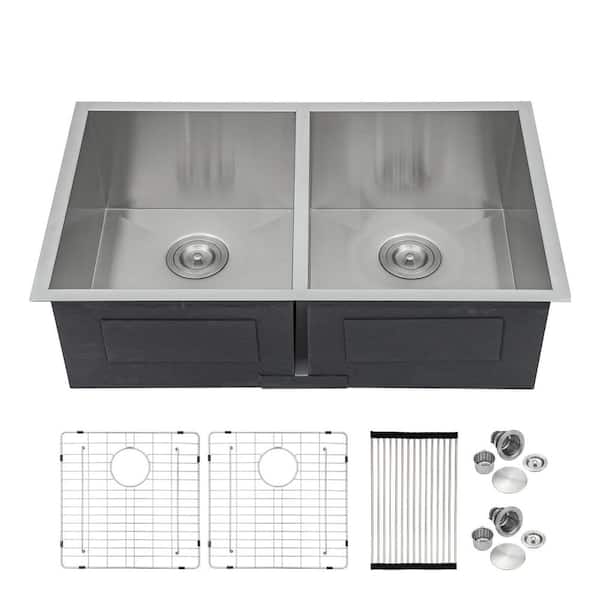 33 in. Undermount 50/50 Double Bowl 18-Gauge Brushed Nickel Stainless Steel Kitchen Sink with Bottom Grid & Roll Up Rack