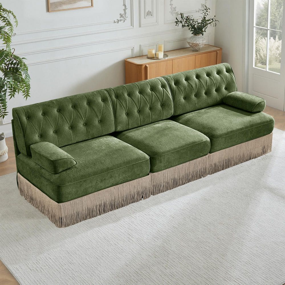 Modern 106.1 in. Curved Arms Velvet Button Tufted Modular Sectional Sofa in Green with Skirt Base