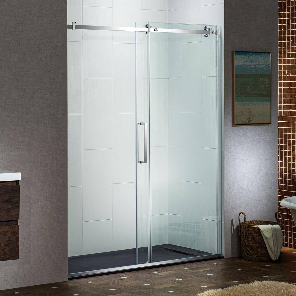 Brushed Nickel Frameless Sliding Shower Door with Clear Tempered Glass