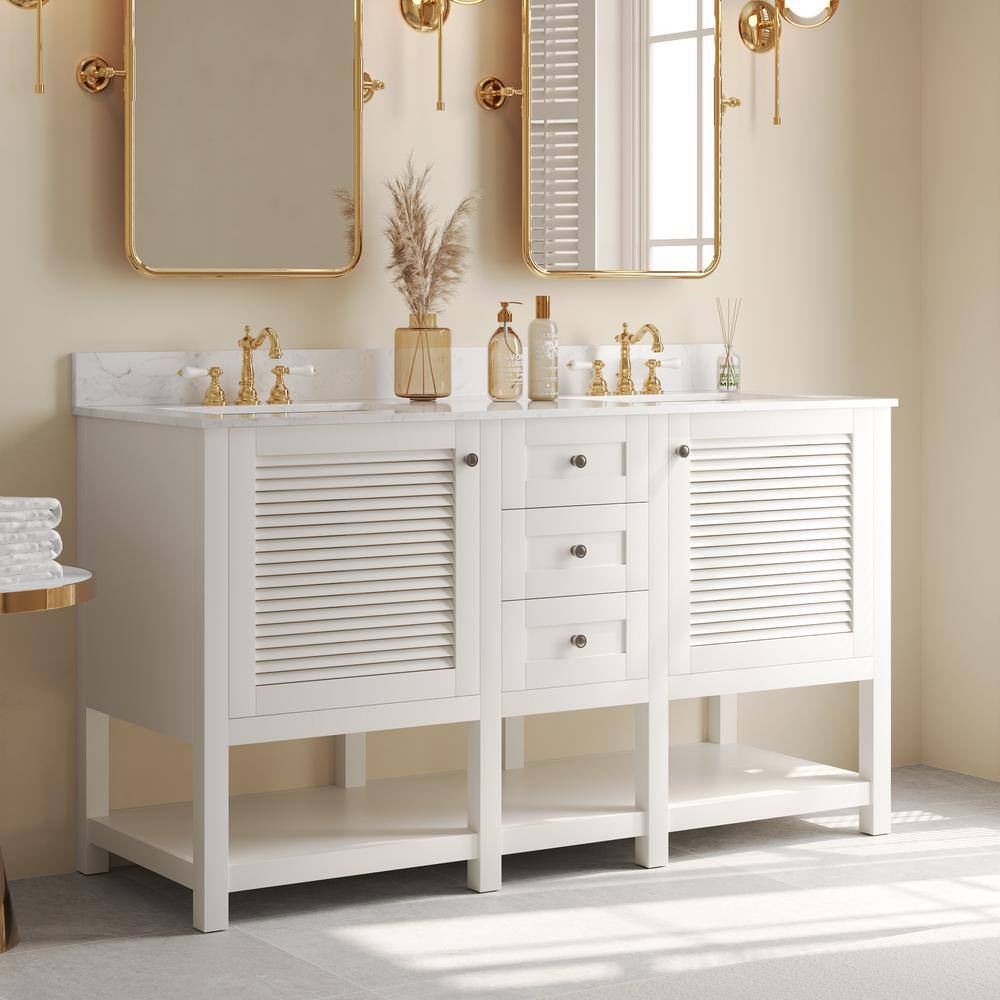 60'' White Double Sink Freestanding Bathroom Vanity with Marble Top