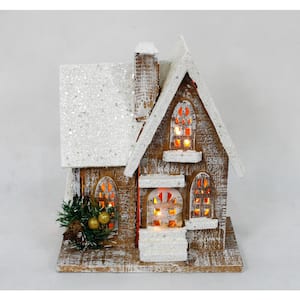 11 in. Christmas Wooden Church with 8-Light Battery Operated Warm White Light