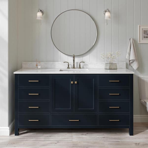 ARIEL Cambridge 67 in. W x 22 in. D x 36 in. H Bath Vanity in Midnight Blue with Carrara White Marble Top with White Basin