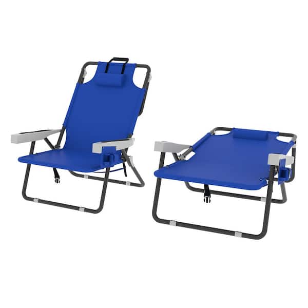 VEIKOUS 2-Pack Folding Portable Metal Backpack Beach Chairs with Removable Pillows and 5-Position Adjustable Backrest in Blue