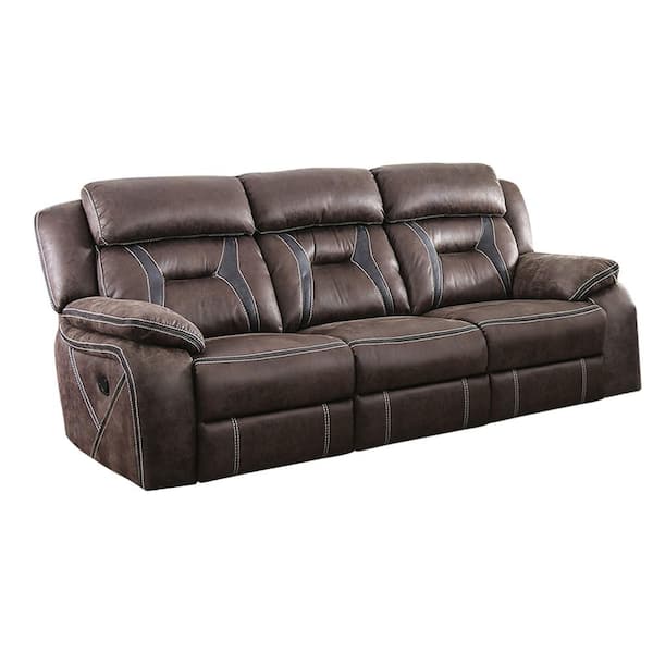 William's Home Furnishing Flint 37.75 in. Brown/Black Solid Leather 3-Seat Motion Sofa with Reclining