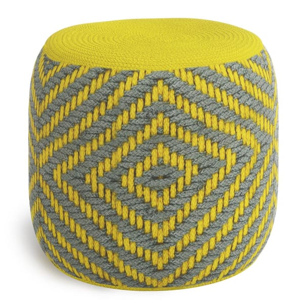 Simpli Home Kent Round Woven Pouf in Grey and Yellow Recycled PET Polyester