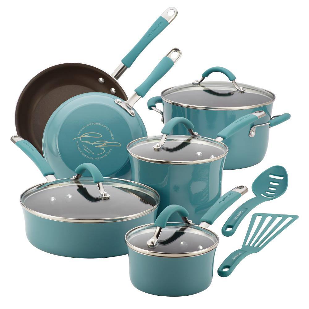 Rachael Ray Cucina 12 Piece Aluminum Nonstick Cookware Set In Agave Blue 16344 The Home Depot