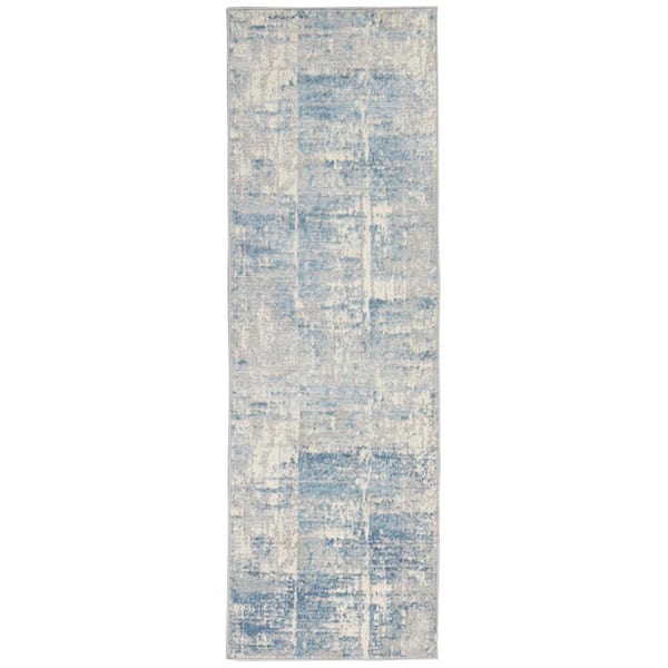 Nourison Solace Ivory/Grey/Blue 2 ft. x 7 ft. Abstract Contemporary Kitchen Runner Area Rug