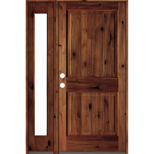 Krosswood Doors 50 in. x 80 in. Rustic Knotty Alder Right-Hand/Inswing Clear Glass Red Chestnut Stain Wood Prehung Front Door w/Sidelite