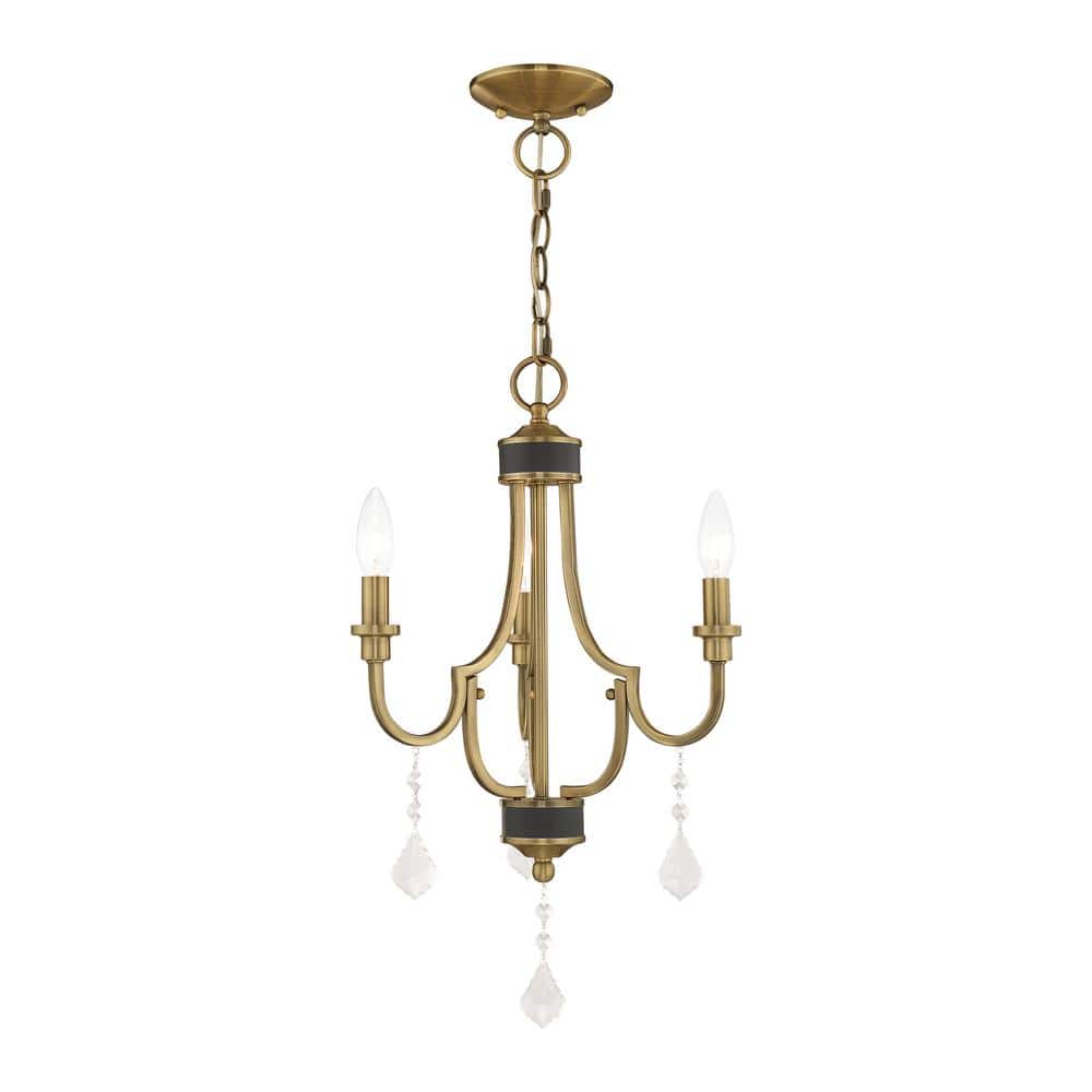 Antique Brass 3-Light Mini Chandelier with Clear Crystals