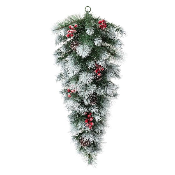 Glitzhome 3 ft. L Pre-Lit Pinecones and Red Berries Artificial Christmas Teardrop Swag with 50 Warm White Lights and Timer