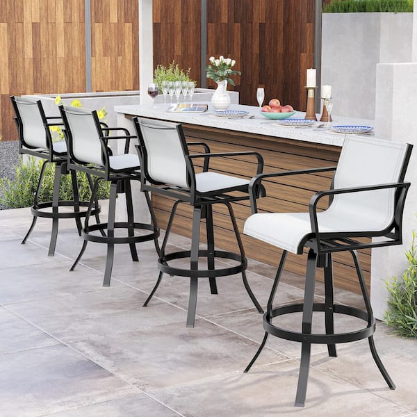 Swivel Metal Aluminum Outdoor Bar Stool in Augustine Oyster Sunbrella Textilene Fabric (4-Pack)