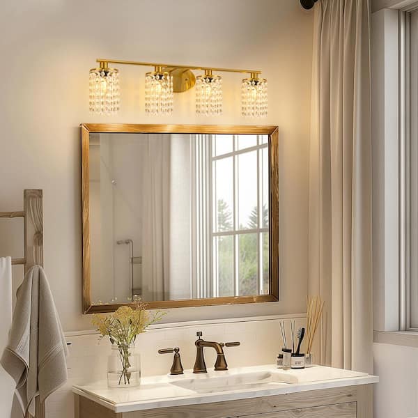 32 in. 4-Light Gold Crystal Vanity Light for Bathroom and Kitchen, Modern Bathroom Wall Sconce Over Mirror