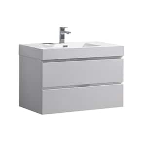 Valencia 36 in. W Wall Hung Bathroom Vanity in Glossy White with Acrylic Vanity Top in White
