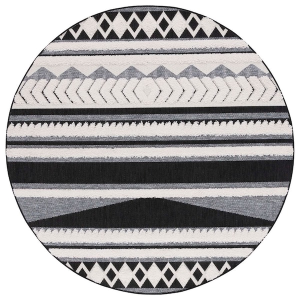 Cottage Ivory/Black 7 ft. x 7 ft. High-Low Striped Indoor/Outdoor Round Area Rug