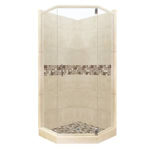 Tuscany Grand Hinged 32 in. x 36 in. x 80 in. Left-Cut Neo-Angle Shower Kit in Brown Sugar and Satin Nickel Hardware