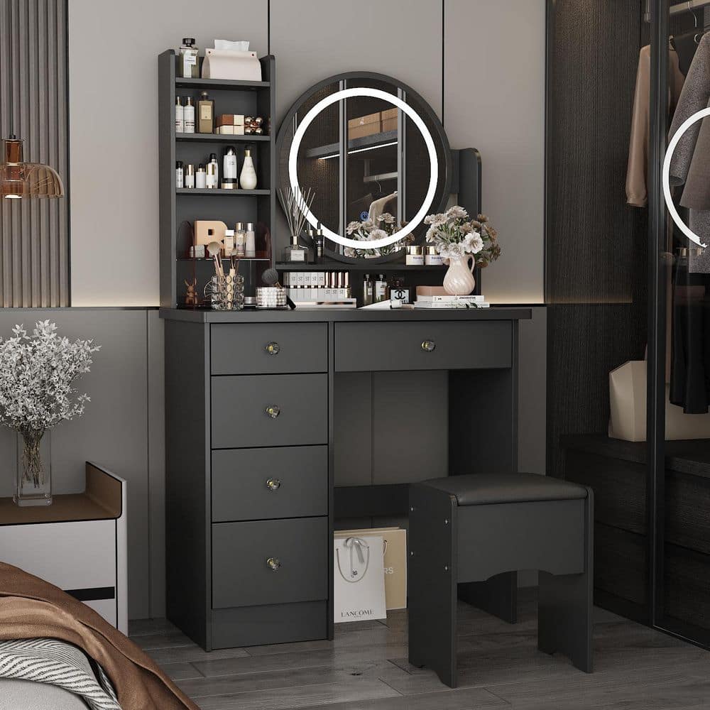 5-Drawers White Wood Makeup Vanity Set Dressing Desk W/ Stool, LED Round Mirror and Storage Shelves 52x 31.5x 15.7 in. - thumbnail 2
