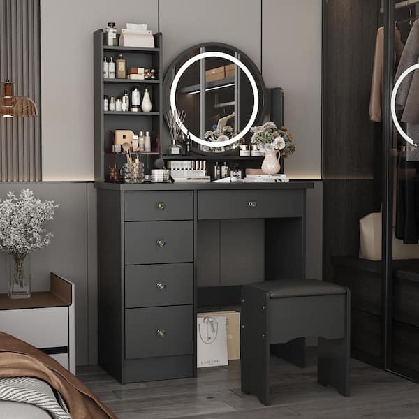 5-Drawers Black Wood Makeup Vanity Set Dressing Desk W/Stool, LED Round Mirror and Storage Shelves