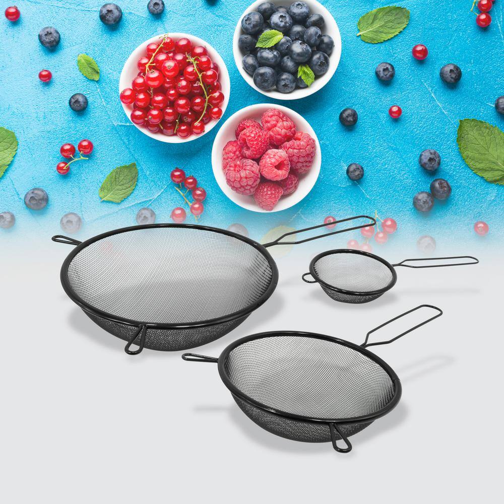 Set of 3 Black Stainless Steel Strainers with Stay Cool Handle