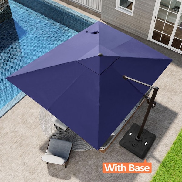 9 ft. x 11 ft. Heavy-Duty Outdoor Aluminum 360° Rotation Cantilever Offset Patio Umbrella in Navy Blue with Base