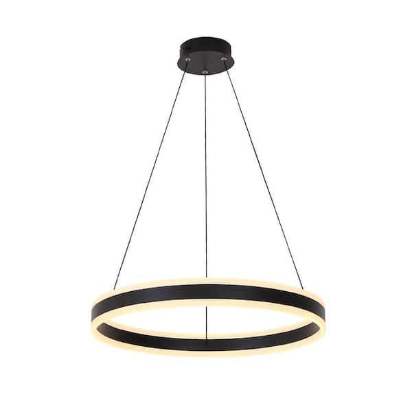 32 In. 1 Light Rings Dimmable Integrated LED Black Modern Pendant Light for Living Room Hotel Restaurant