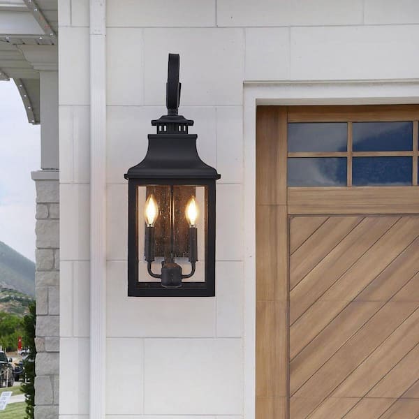 Black 2-Light Outdoor Hardwired Wall Lantern Sconce Outdoor Porch