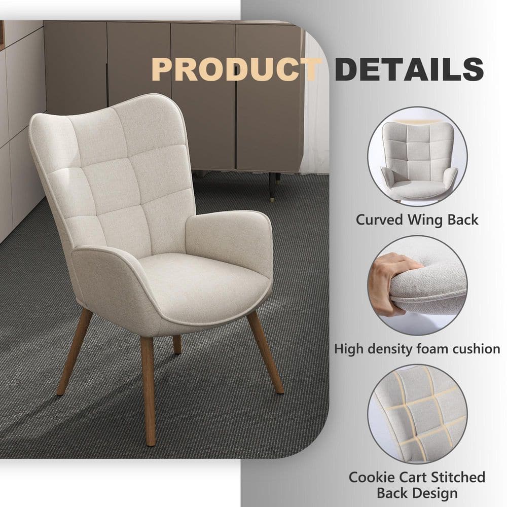 KAN Fabric Upholstered Office Chair, Ergonomic Design with Adjustable Foot Pads in Cream, Curved Wingback with Arms