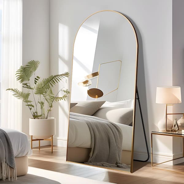 Lirago 28 in. W. x 59 in. H Full Length Arched Free Standing Body Mirror, Metal Framed Wall Mirror, Large Floor Mirror in Gold
