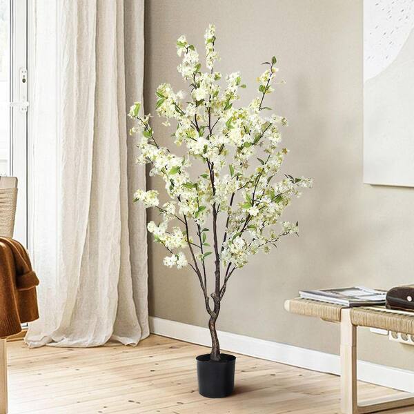 LIVING LUXURY 4.5 ft. Cream White Artificial Cherry Blossom Flower