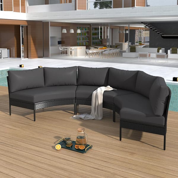 Unbranded 3-Piece All Weather Rattan Wicker Outdoor Sectional Set Curved Conversation Set with Grey Cushions