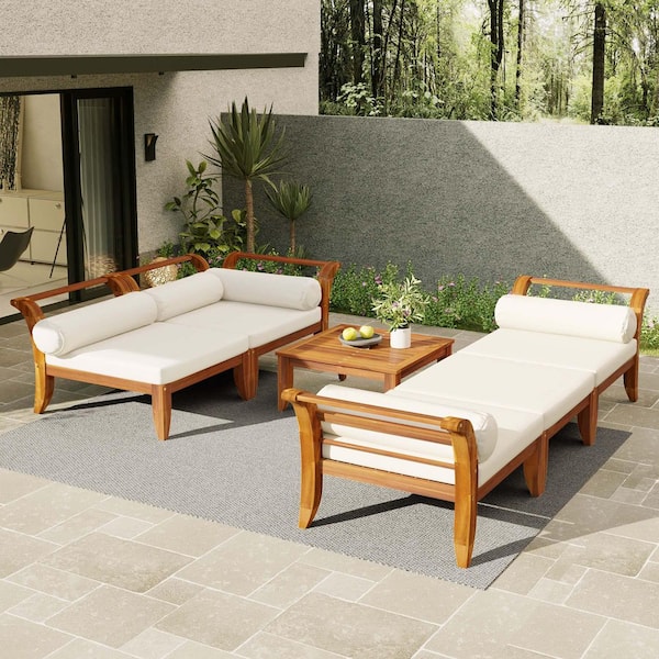 6-Piece Brown Acacia Wood Patio Conversation Set with Beige Cushions