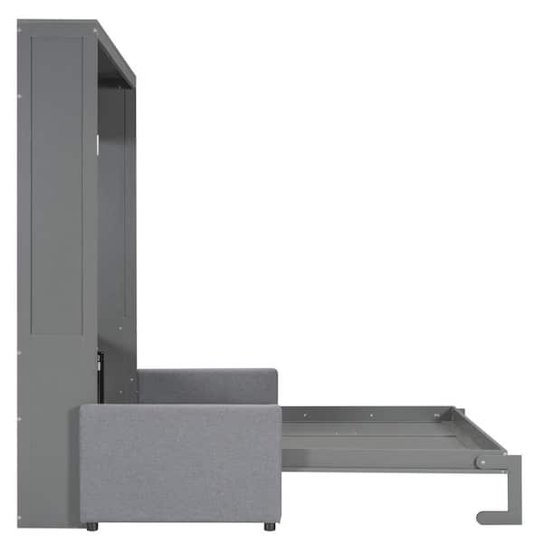 Gray Wood Frame Queen Size Murphy Bed with Sofa
