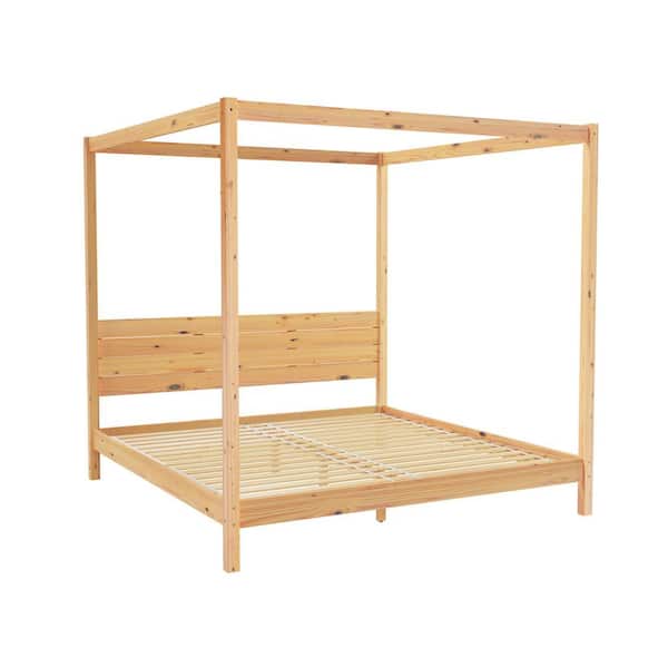 Minimalist Beige Wood Frame King Plank Canopy Bed