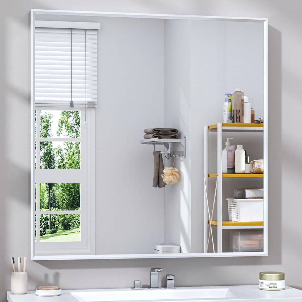 36 in. W x 36 in. H Square Aluminum Alloy Framed and Tempered Glass Wall Bathroom Vanity Mirror in Matte White price history on PriceWatchPro