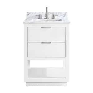 Allie 25 in. W x 22 in. D Bath Vanity in White with Silver Trim with Marble Vanity Top in Carrara White with White Basin