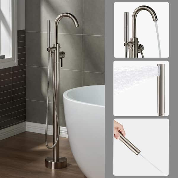 WOODBRIDGE Bourne Single-Handle Freestanding Floor Mount Tub Filler Faucet with Hand Shower in Brushed Nickel