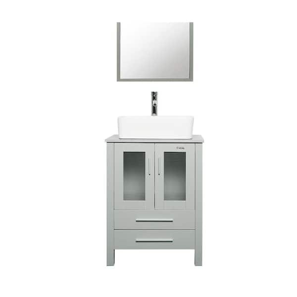 24 in. W x 20 in. D x 32 in. H Single Sink Bath Vanity in Gray with White Ceramic Top Chrome Faucet Set