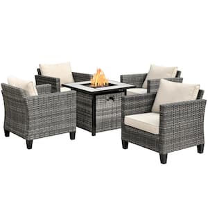 New Vultros Gray 5-Piece Wicker Patio Fire Pit Conversation Seating Set with Beige Cushions