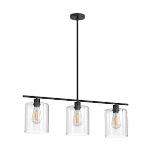 3-Light Black Linear Chandelier with Clear Glass Shades, Simple Industrial Hanging Light for Kitchen Island