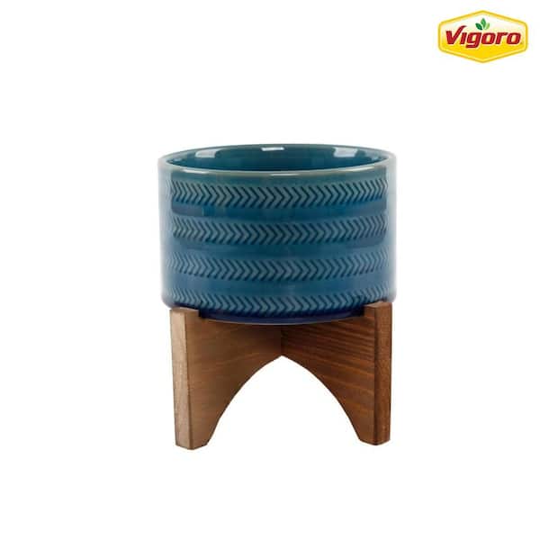 Vigoro 5 in. Jenkins Small Blue Ceramic Planter (5 in. D x 6.3 in. H) with Wood Stand
