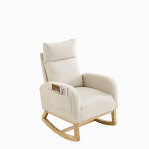 Beige Stylish High-Backed Living Room Polyester Fabric Rocking Chair with 2 Convenient Side Pockets