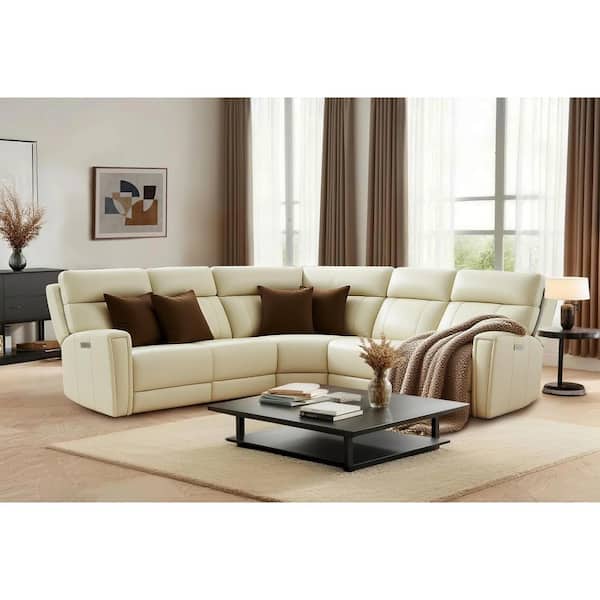 Rhett 104 in. Genuine Leather Power Reclining Sectional Sofa With Zero Gravity, 2 Stationary Armlesschairs in Cream