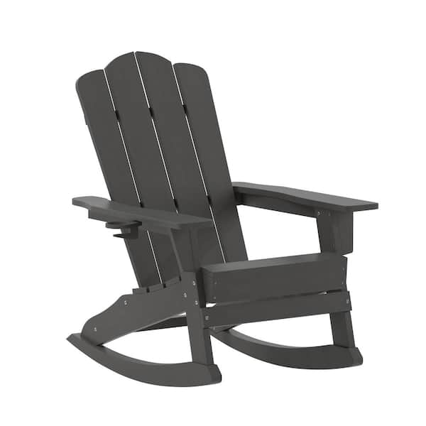 Carnegy Avenue Newport Gray Weather Resistant Plastic HDPE Adirondack Outdoor Rocking Chair with Cup Holder