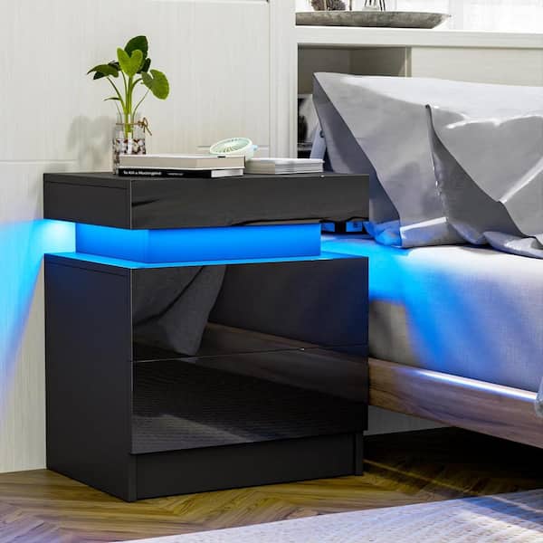 Boyel Living Modern Black Nightstand with 2 Storage Drawers and Led Lights