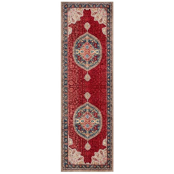 Kashan 3 ft. x 10 ft. Red/Blue Medallion Runner Rug