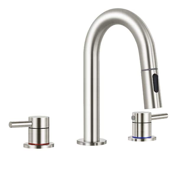 Double Handles 8 in. Widespread Bathroom Sink Faucet 3-Hole with Pull Out Sprayer in Brushed Nickel