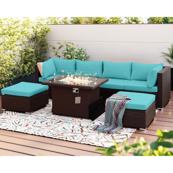 FINCATI Luxury 7-Piece Espresso Wicker Patio Fire Pit Coversation Sectional Sofa Set with Ottomans and Teal Cushions