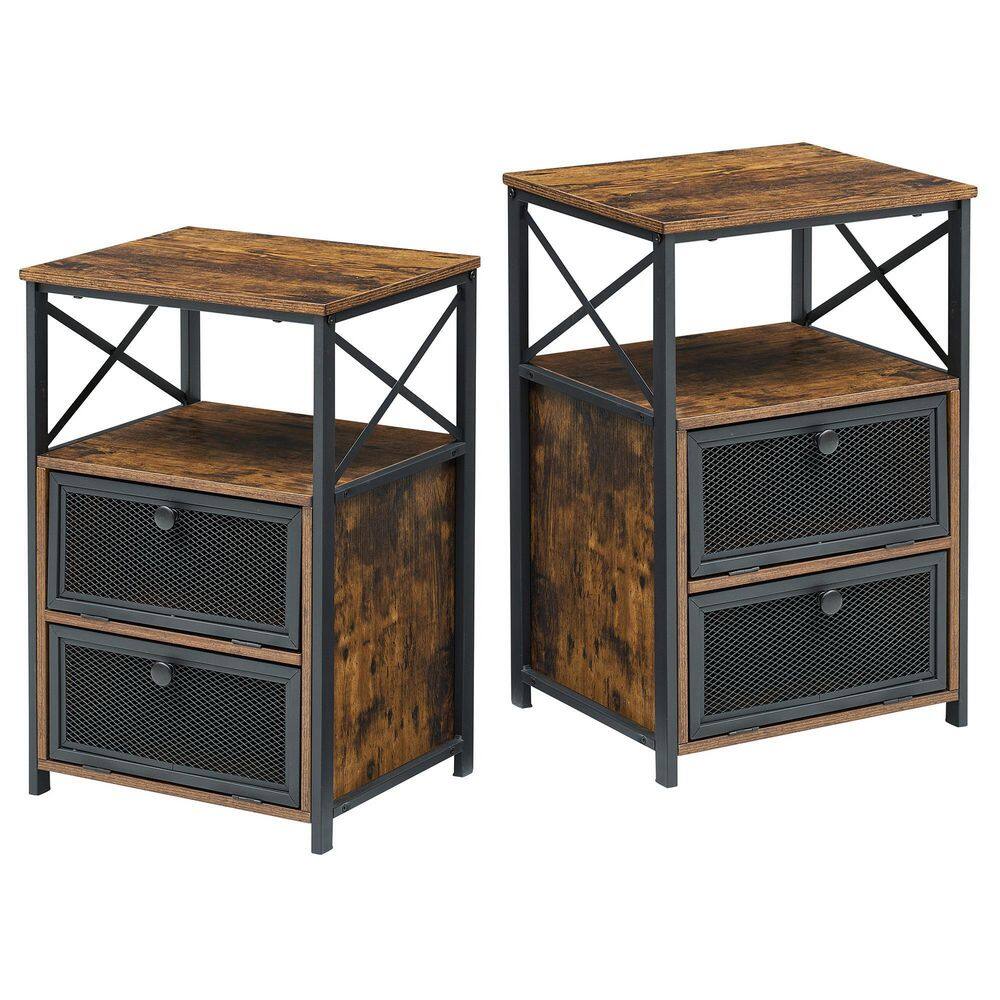 VECELO 2-Pieces Brown NightStand & End Side Table w/ Storage Space ...